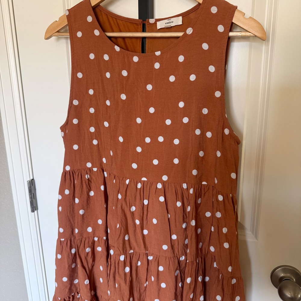 Entro Rust Polka Dot Tiered Babydoll Mini Dress Sleeveless Pockets Womens Large - Picture 3 of 10